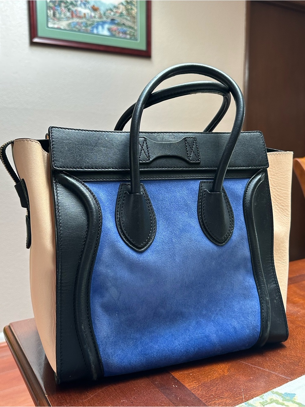 Celine Blue Suede Luggage Tote with Black Trim and Beige Sides - Picture 2 of 8